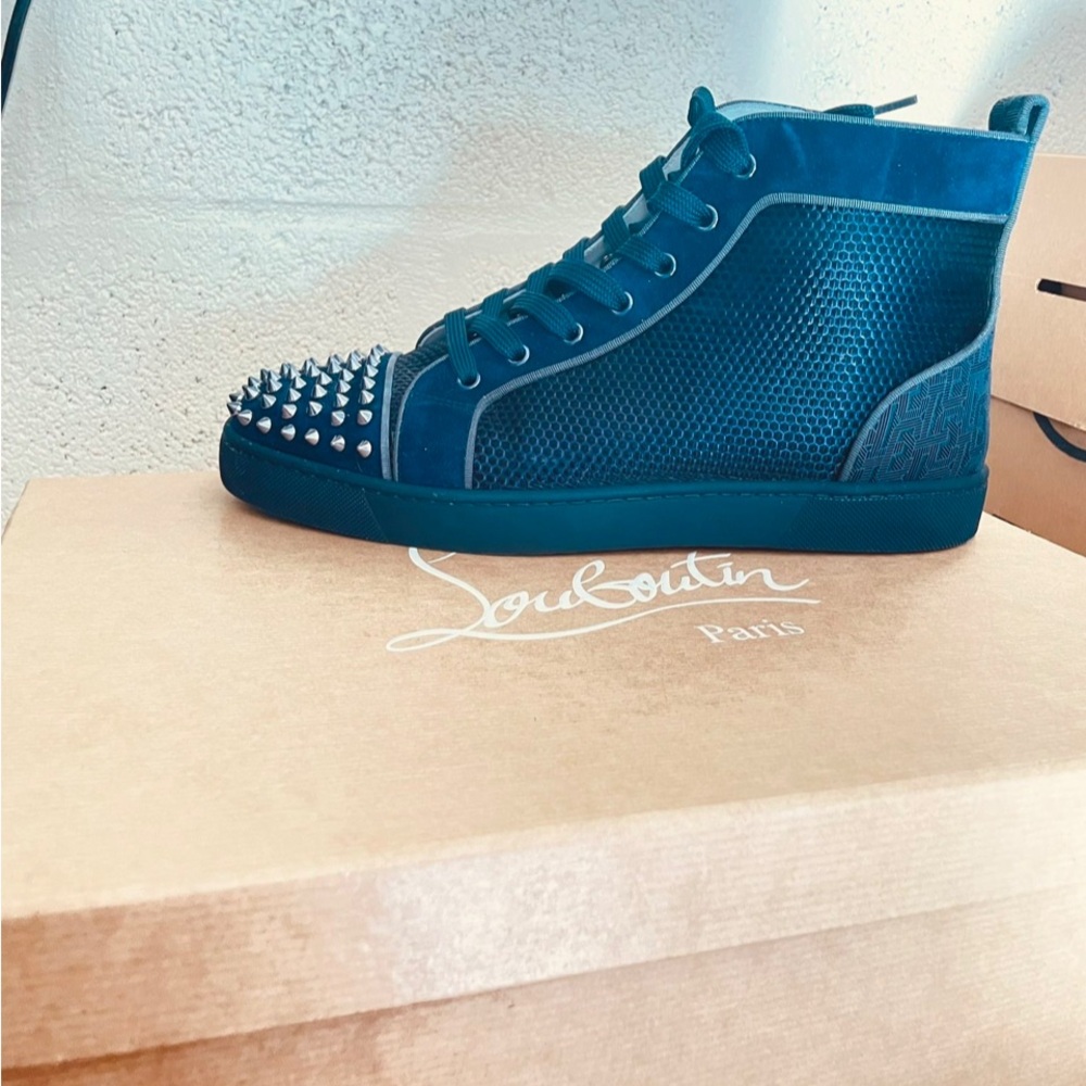 Christian Louboutin Teal High-Top Sneakers with Studded Toe